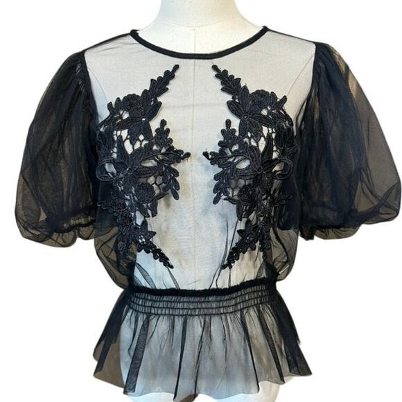 Gothic Sheer Embroidered Tulle Puff Sleeve Peplum Top Victorian Blouse SZ Medium - Picture 1 of 13